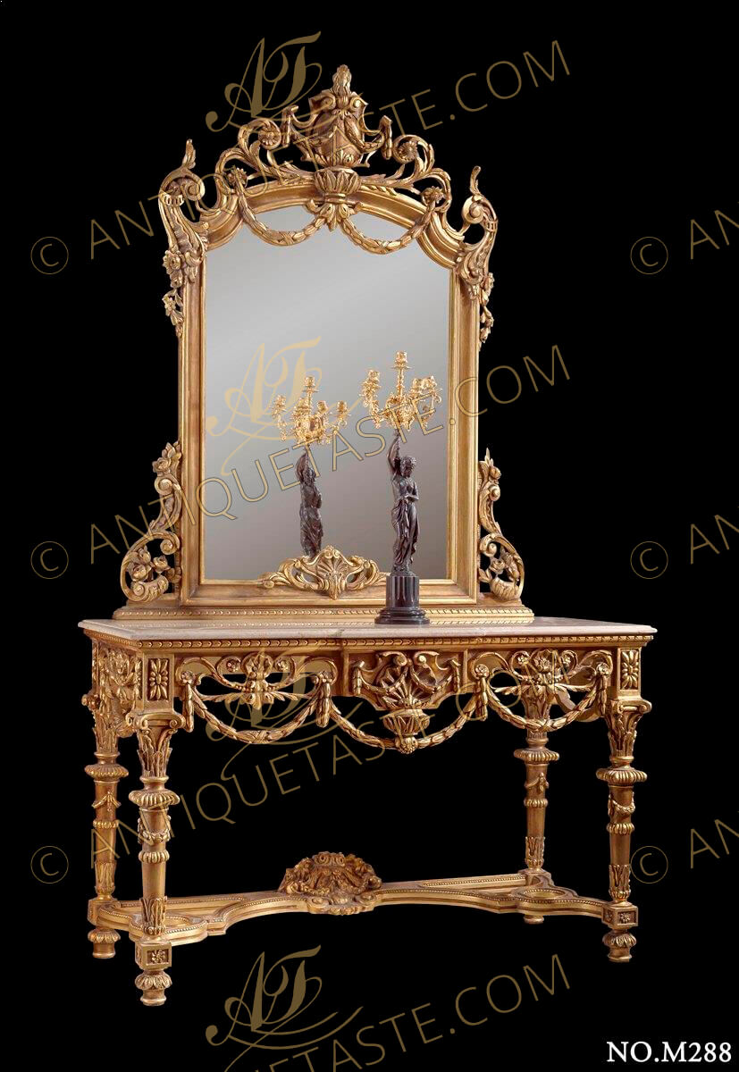 A sumptuous marble topped Italian Neoclassical carved giltwood console with mirror, late 18th century baroque style, gilt with French gold foils, The opulent mirror is crowned with an urn of prosperity extended with laurel wreath garlands and flanked by intricately pierced foliate scrolls with rosettes,  the sides of the mirror are ornamented to the reversed points by “S” rococo style scrolls and blossoms, the central lower part of the mirror is adorned with seashell foliate cabochon, The mirror is resting on a central reserved marble top above a central reversed apron richly carved with seashell urn, pierced works and berried laurel branch garlands, The console is raised by four robust legs with gilt scrolls and drape designs headed and terminated by block elements with flower rosettes, the upper blocks are surmounting carved acanthus leaves Roman style Corinthian capitals. The console legs are connected by a double rounded geometric beaded “X” stretcher centered with a striking fine scalloped foliate works